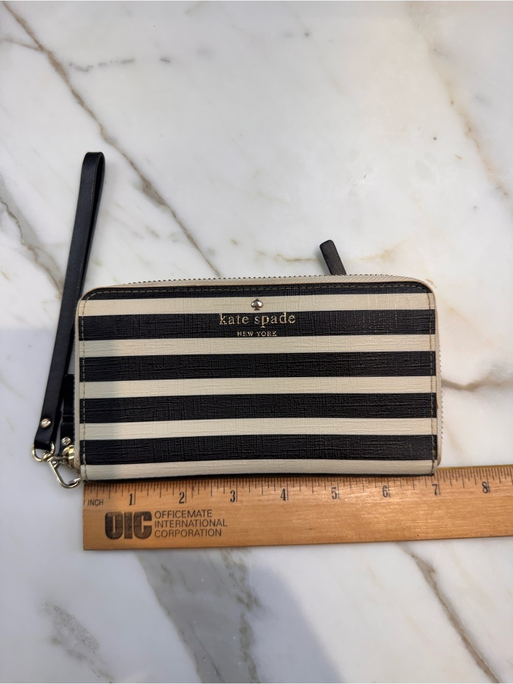 kate spade Black and Ivory Striped Zip Wallet Wristlet with Detachable Strap